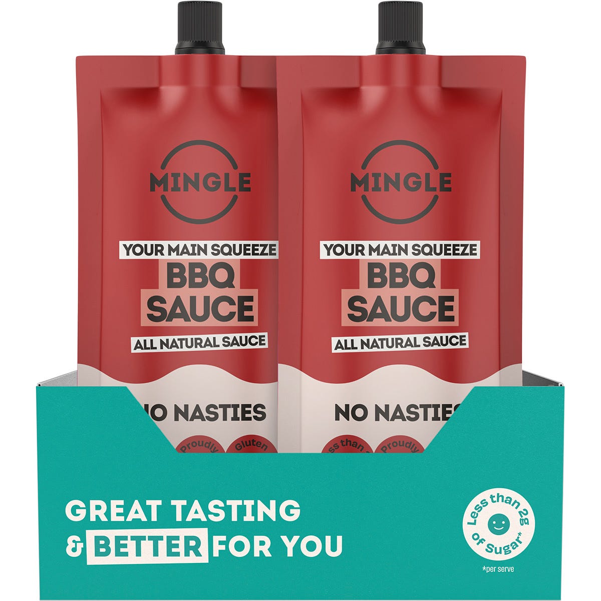 Back of Mingle BBQ All Natural Sauce 250g bottle showing nutrition facts, ingredients, and storage instructions.