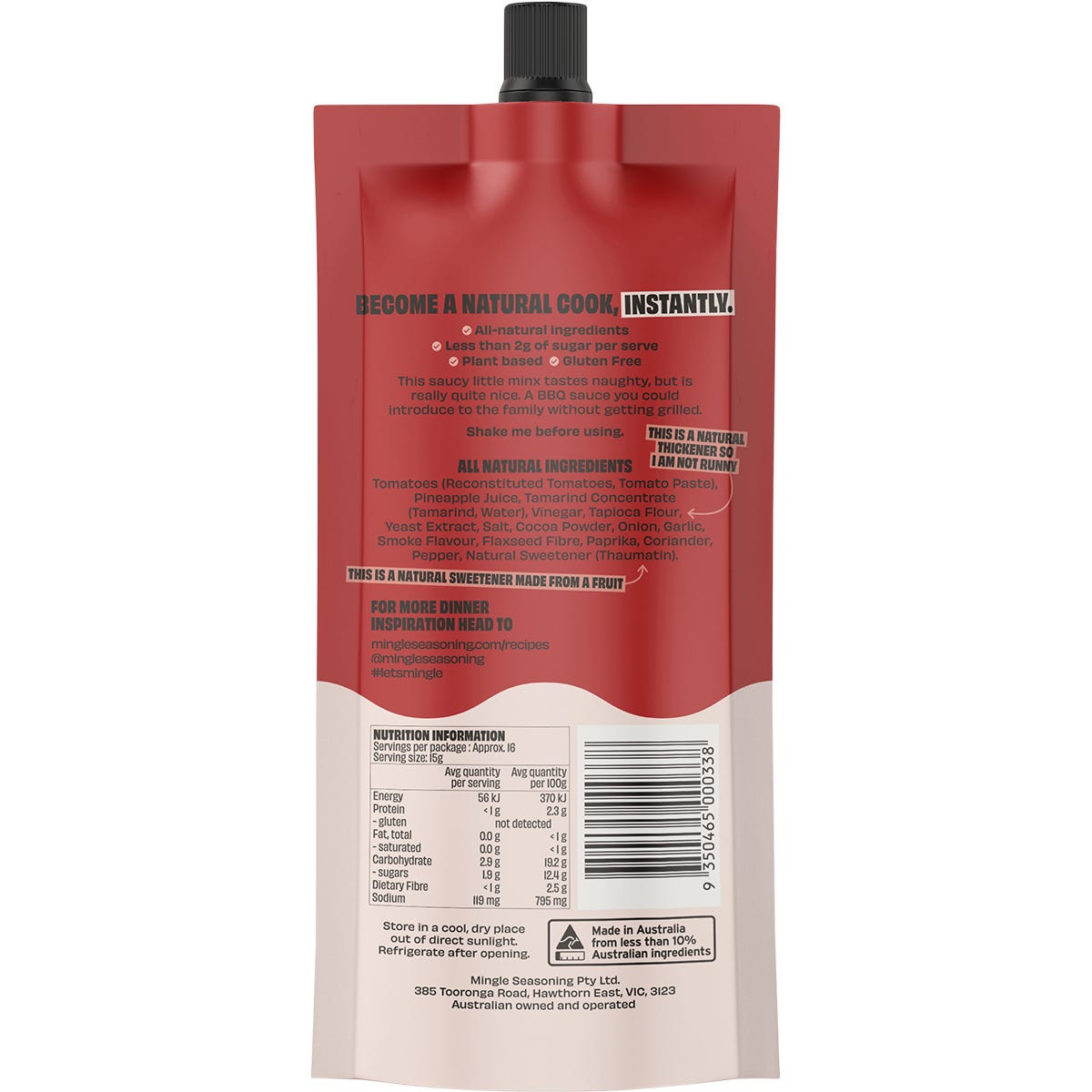 Mingle BBQ All Natural Sauce 250g bottle featuring a smoky, tangy flavor profile and low sugar content.