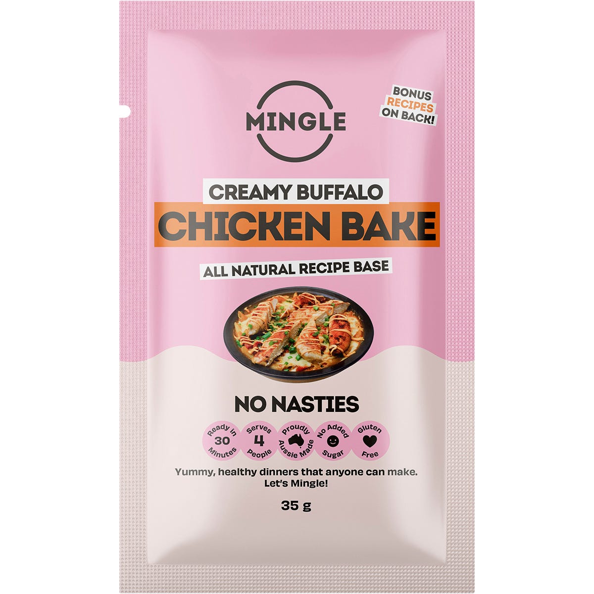 Mingle Buffalo Chicken Bake 35g recipe base sachet with an orange label and illustration of a chicken dish.