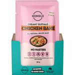 Back of Mingle Buffalo Chicken Bake 35g sachet showing ingredients, nutrition facts, and easy cooking instructions.