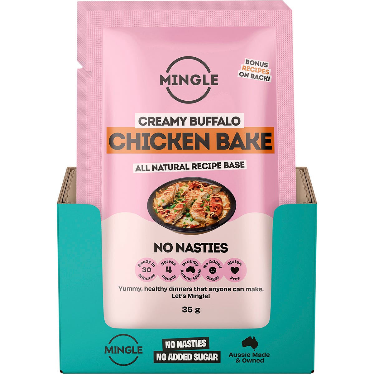 Back of Mingle Buffalo Chicken Bake 35g sachet showing ingredients, nutrition facts, and easy cooking instructions.