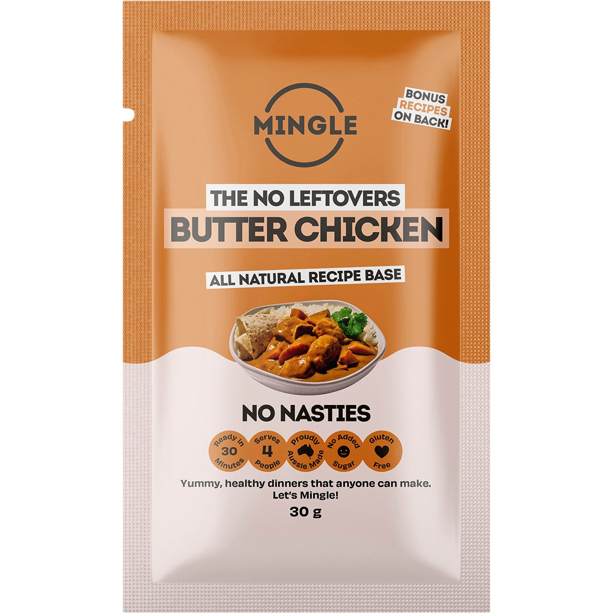 Mingle Butter Chicken 30g sachet and 12-pack box featuring a vibrant orange design with botanical spice illustrations.
