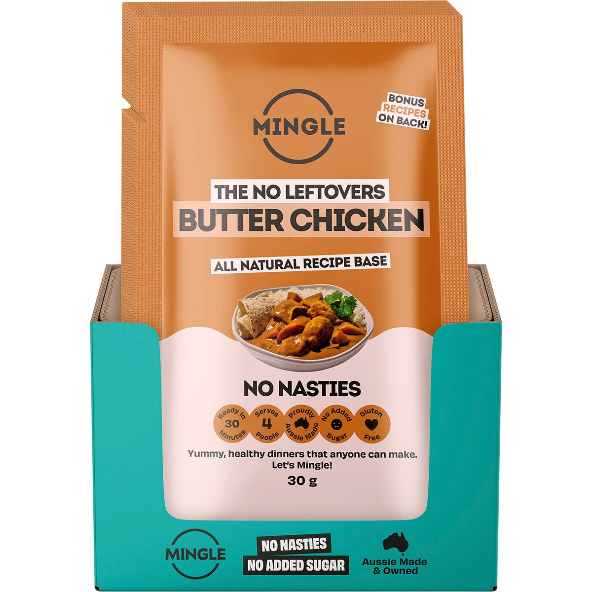 Back of Mingle Butter Chicken 30g sachet showing nutrition facts, ingredients, and easy cooking instructions.