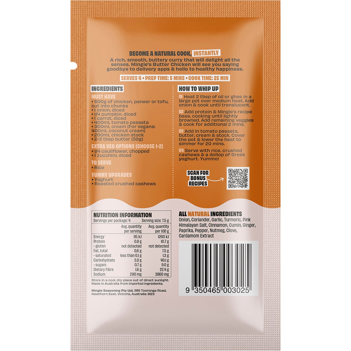 Mingle Butter Chicken 30g sachet with a vibrant orange design, spice illustrations, and a "New & Improved" badge.