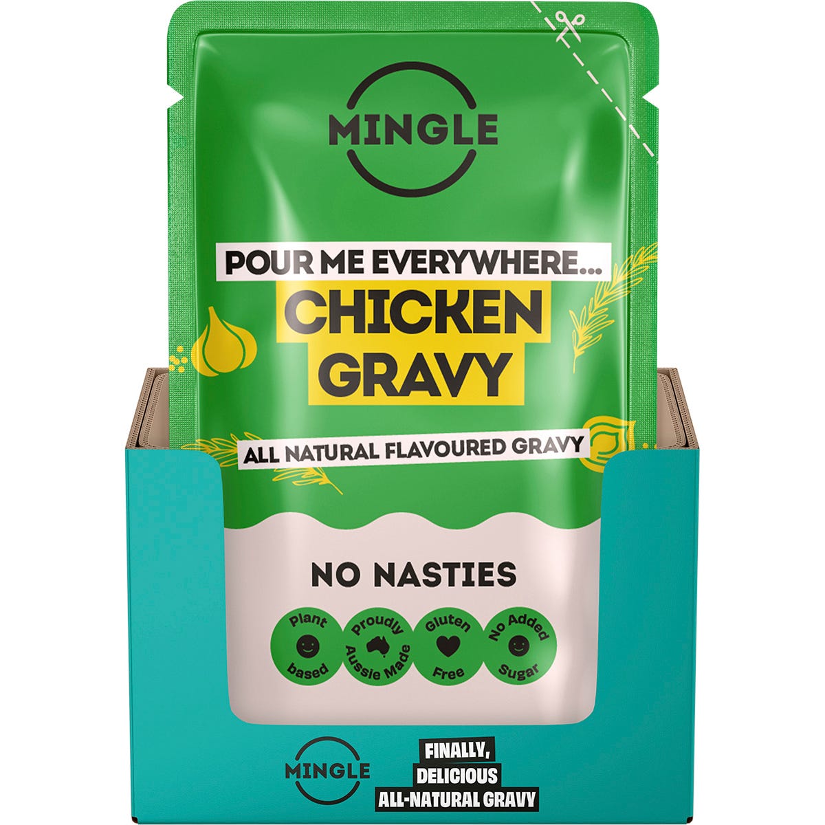 Back of Mingle Chicken Gravy 170g pouch showing nutrition facts, ingredients, and heat-and-pour instructions.