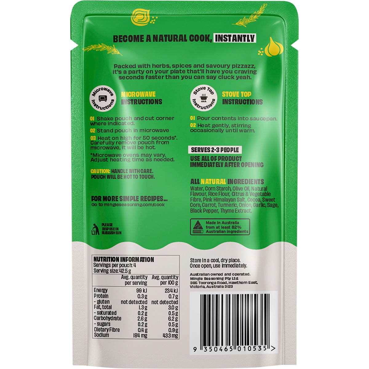 A 170g pouch of Mingle Chicken All Natural Flavoured Gravy featuring a "Heat & Pour" label on a white background.