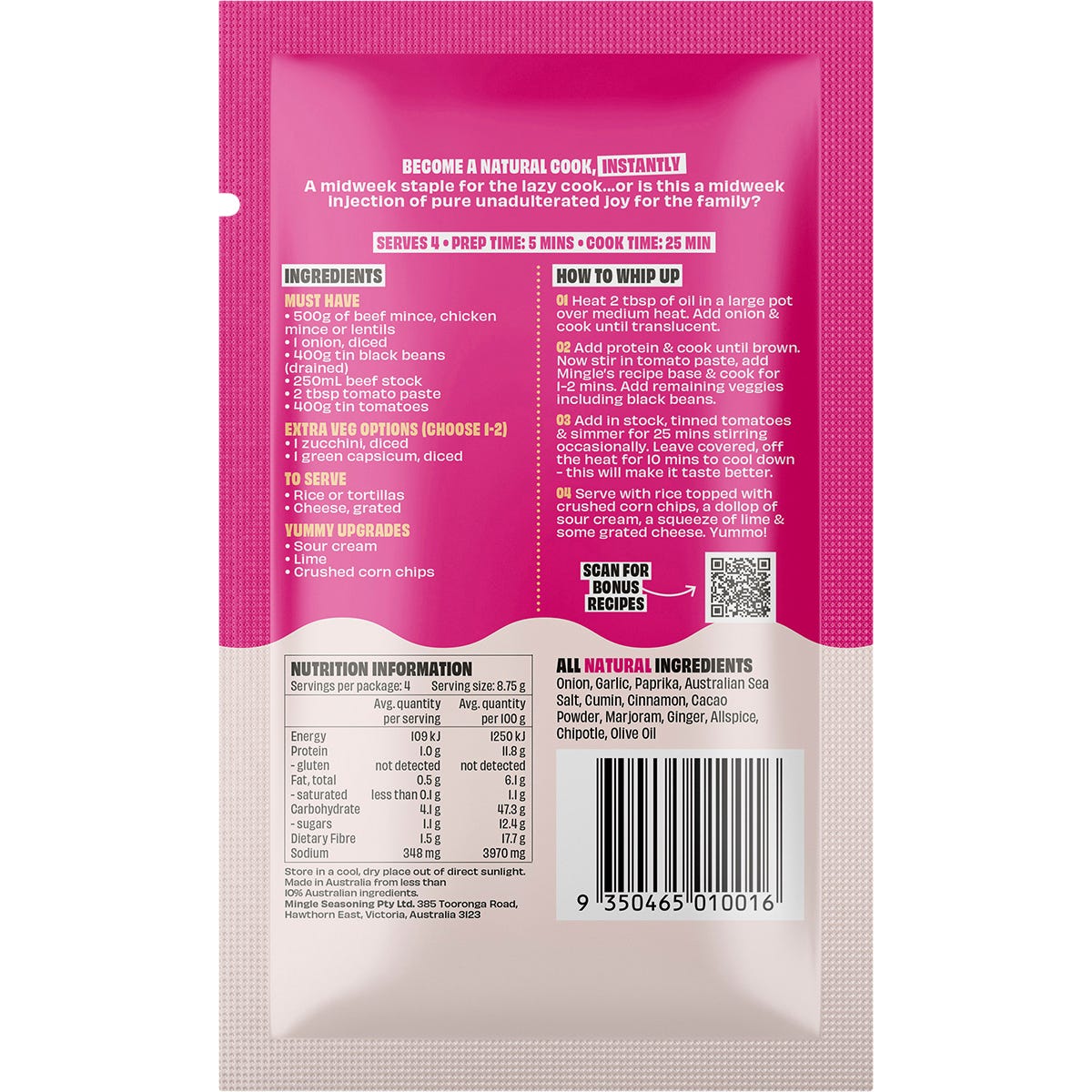 Mingle Chilli Con Carne 35g sachet in a brown and black design on a white background.