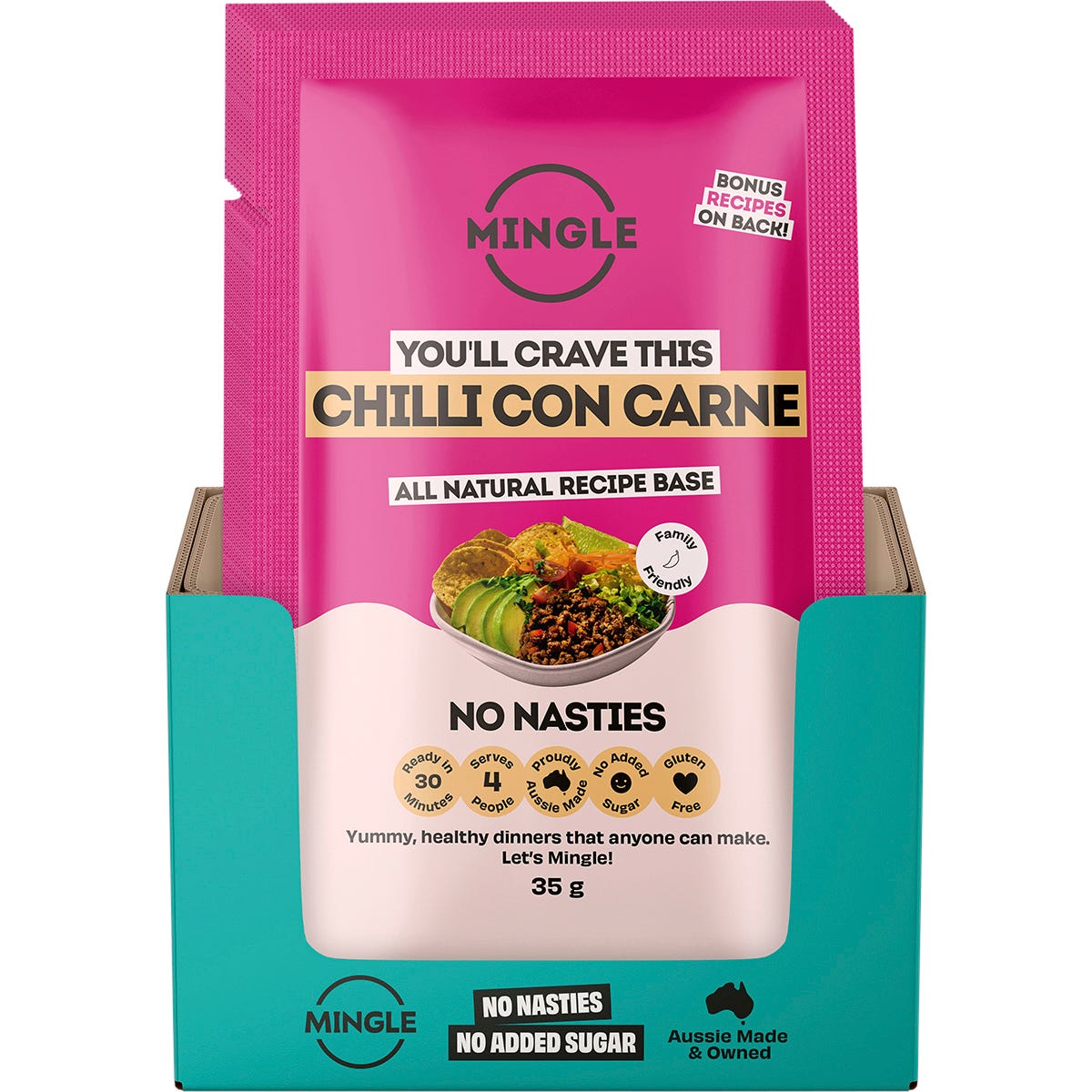 Back of a Mingle Chilli Con Carne 35g sachet with nutrition facts, ingredients, and storage instructions.