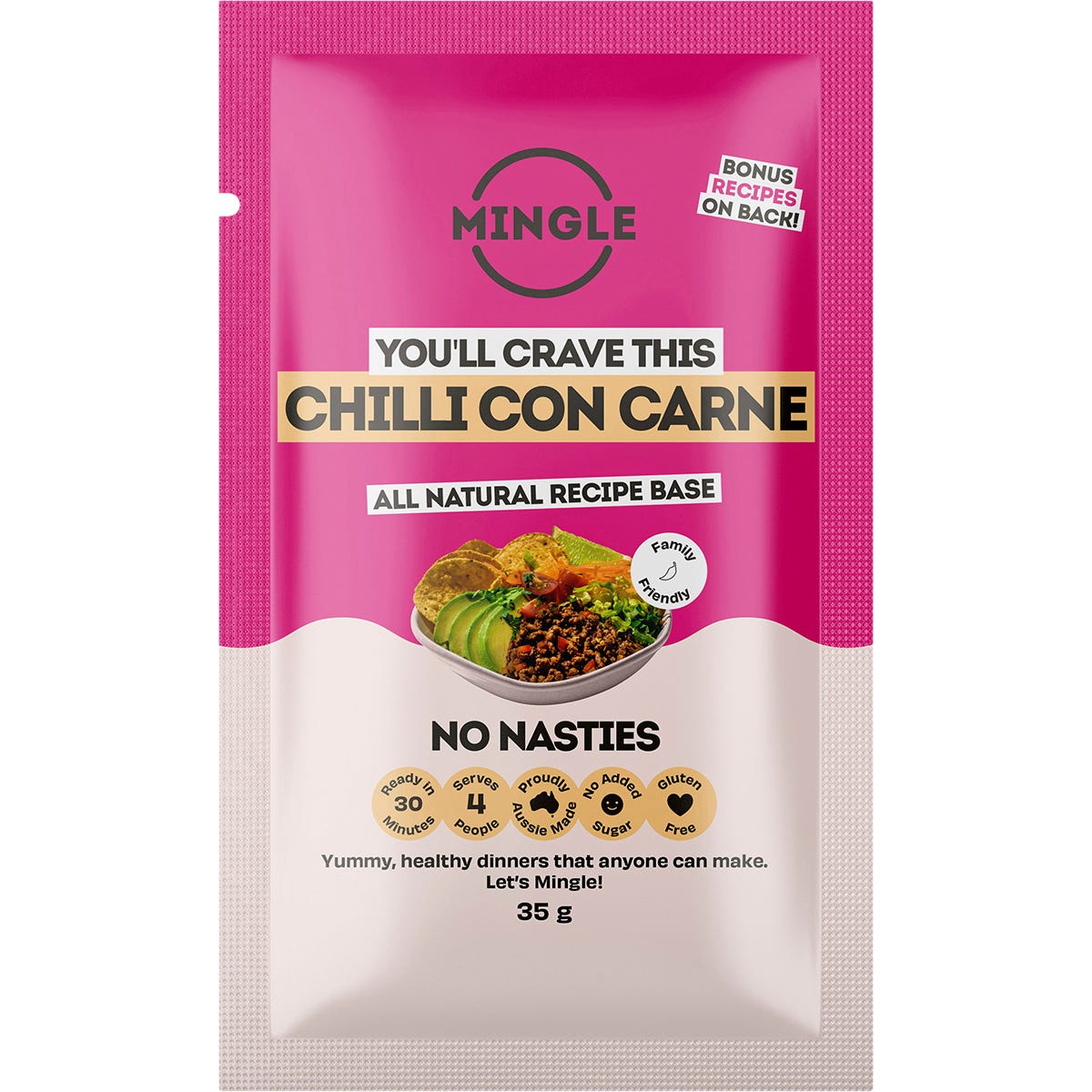 35g sachet of Mingle Chilli Con Carne all-natural, gluten-free, and vegan recipe base on a white background.