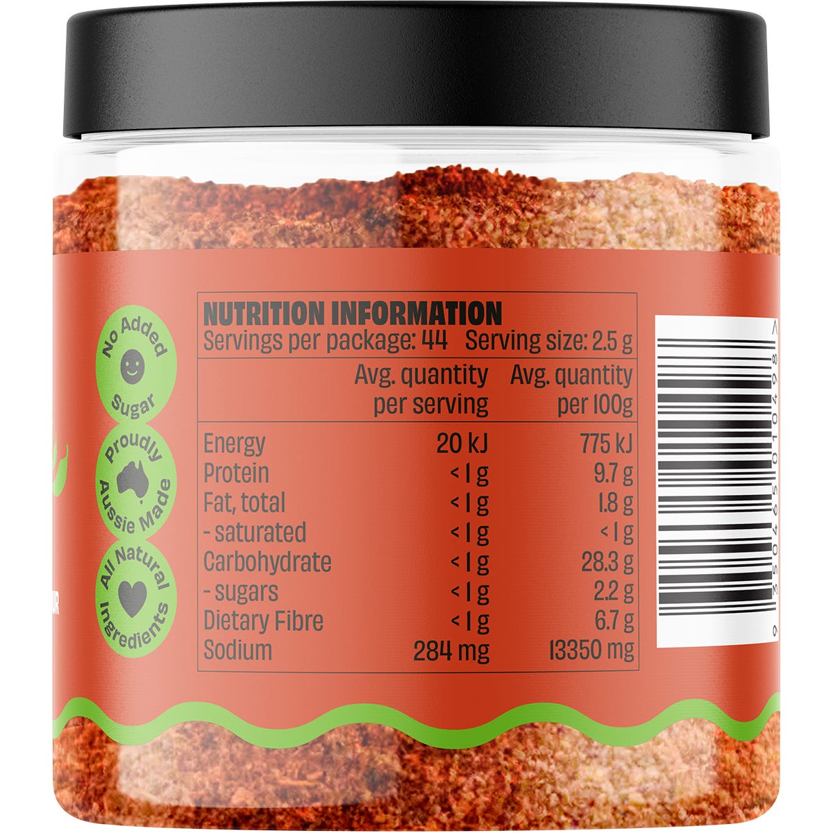 Close-up side view of a 110g Mingle Chilli and Lime Seasoned Salt jar highlighting product benefits and use cases.