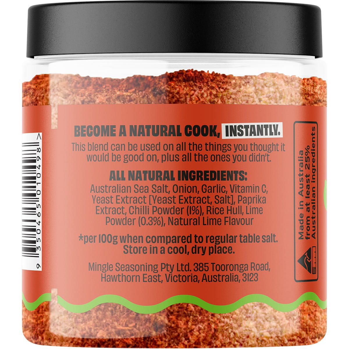 110g jar of Mingle Chilli and Lime Seasoned Salt with a colourful label on a plain white background.