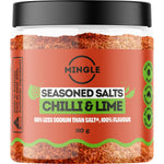 110g jar of Mingle Chilli and Lime Seasoned Salts featuring a colorful label with chili and lime illustrations.