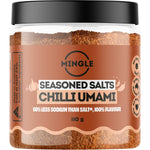 110g jar of Mingle Chilli Umami Seasoned Salt with a red label featuring botanical illustrations.
