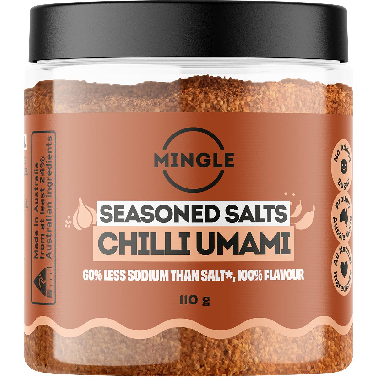 110g jar of Mingle Chilli Umami Seasoned Salt with a red label featuring botanical illustrations.