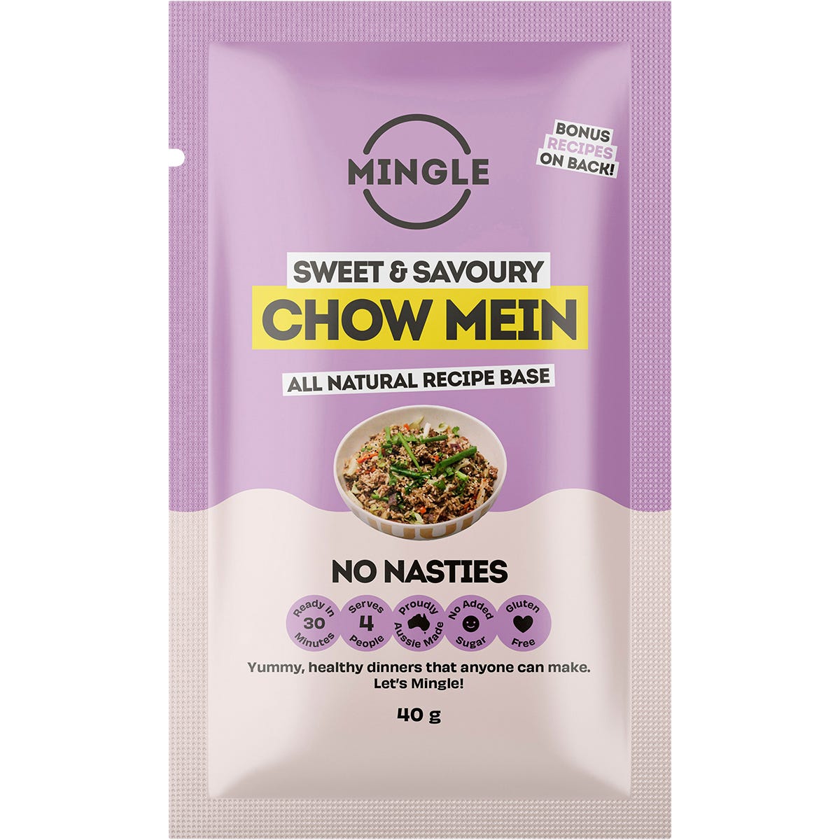 40g sachet of Mingle Chow Mein All Natural Recipe Base with a bowl of noodles and fresh vegetables.