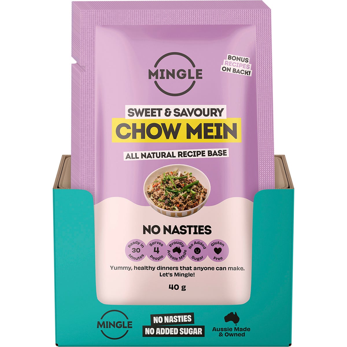 Twelve 40g sachets of Mingle Chow Mein All Natural Recipe Base arranged on a white background.