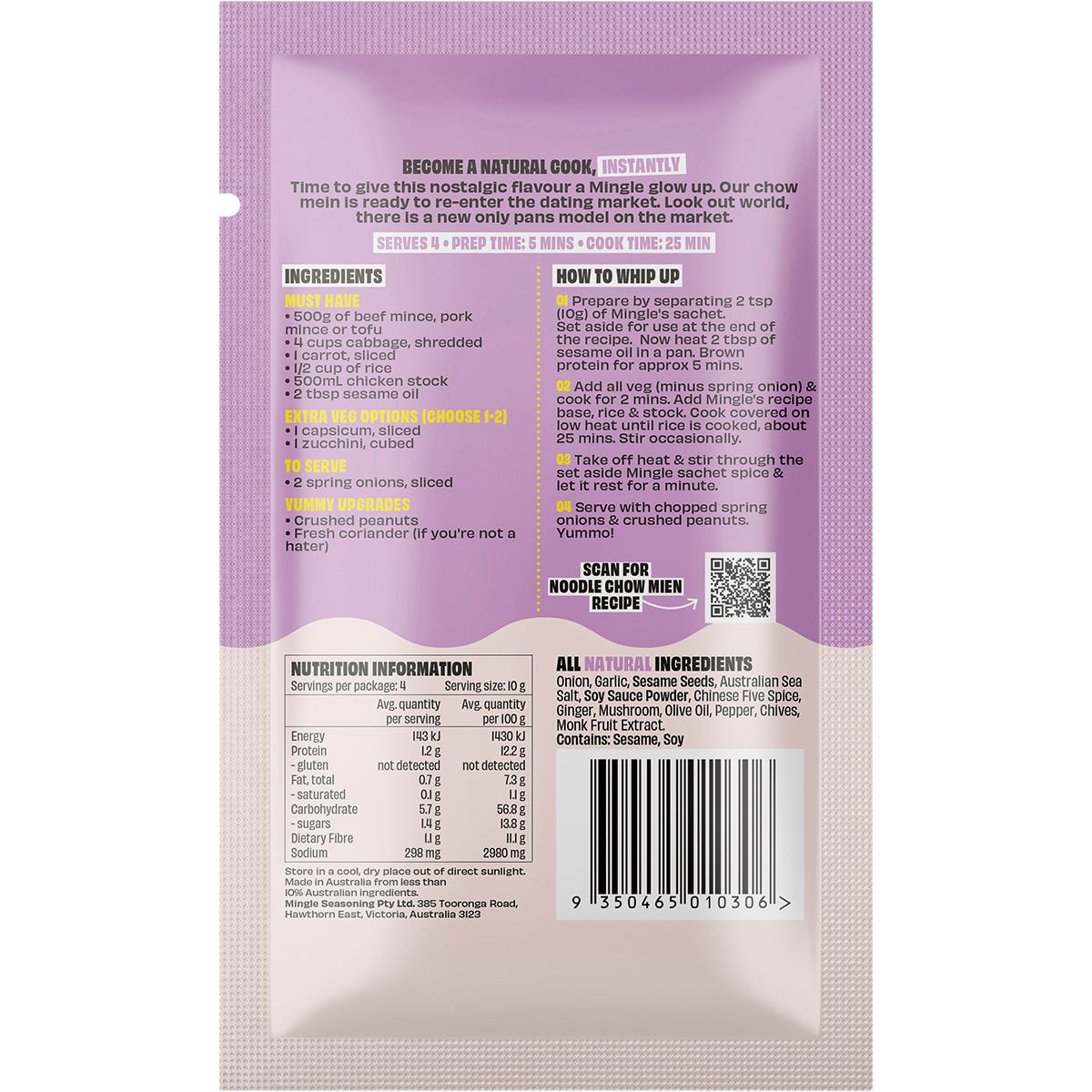 Back of a Mingle Chow Mein 40g sachet showing ingredients, nutrition facts, and a recipe on a white background.