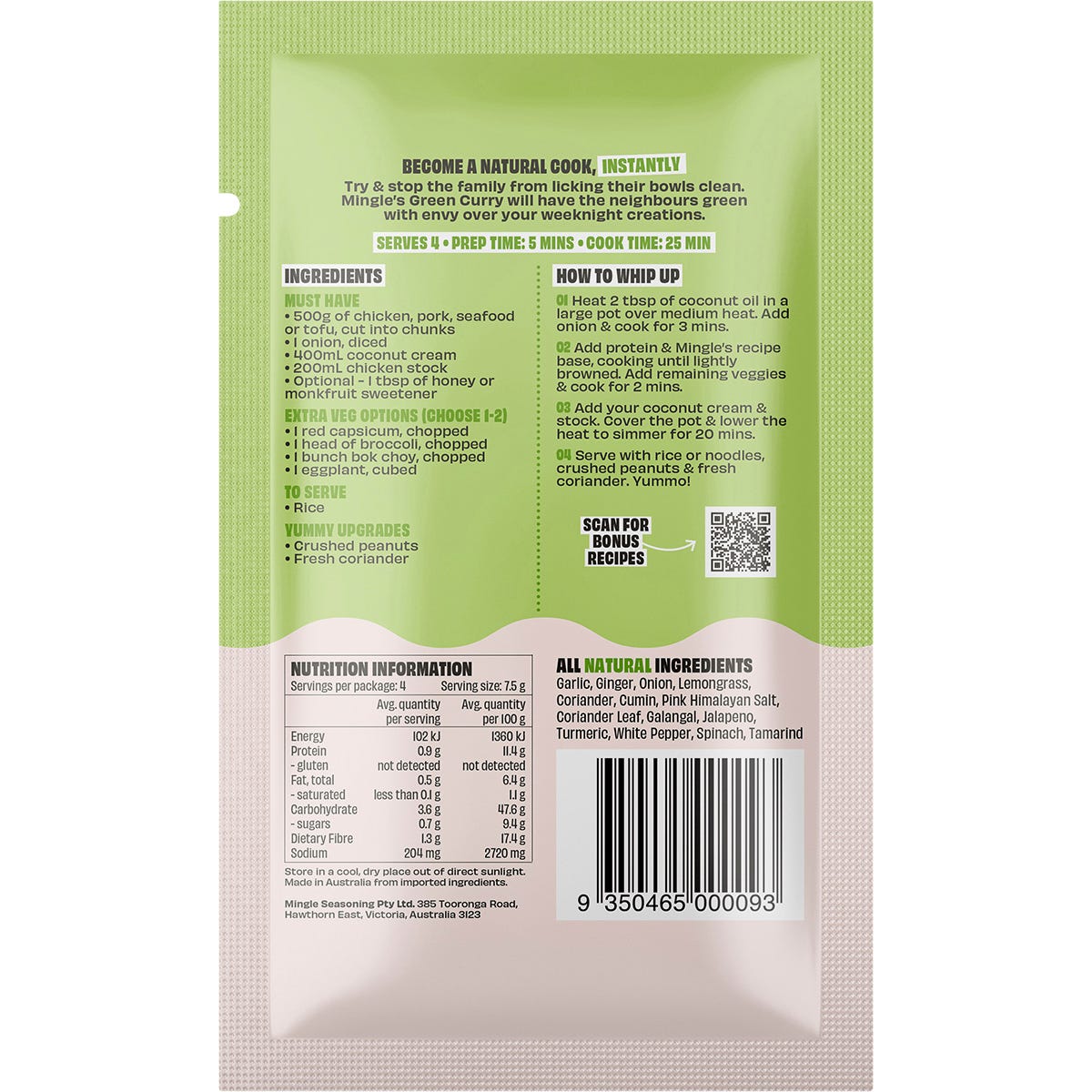 Mingle Green Curry All Natural Recipe Base 30g (Pack of 12) Payless 4 Organics