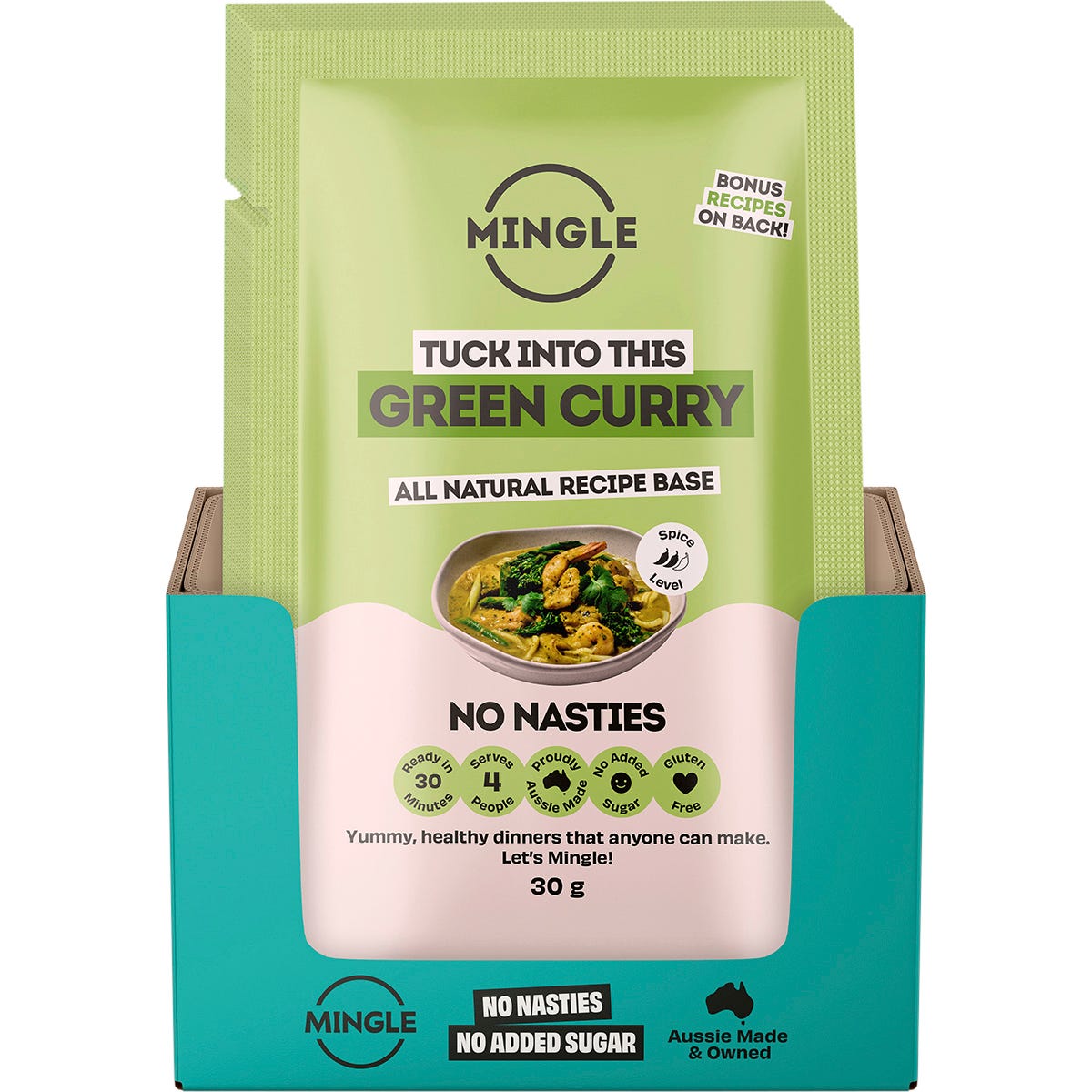 Twelve 30g sachets of Mingle Green Curry Recipe Base arranged in a box against a white background.