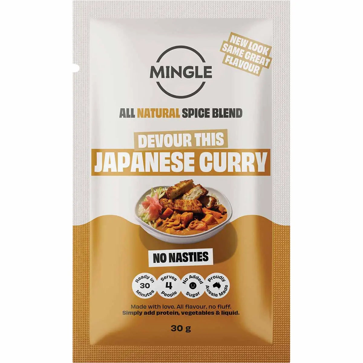 Mingle Japanese Curry 12-pack of 30g recipe base sachets featuring all-natural ingredients on a white background.
