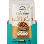 Bowl of rich Japanese curry with rice, carrots, and potatoes next to a Mingle Japanese Curry recipe base sachet.