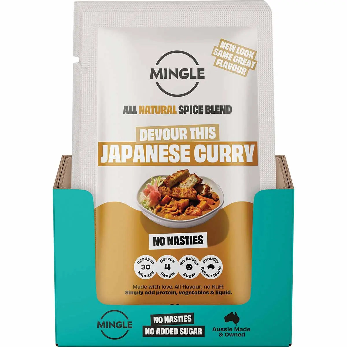 Bowl of rich Japanese curry with rice, carrots, and potatoes next to a Mingle Japanese Curry recipe base sachet.