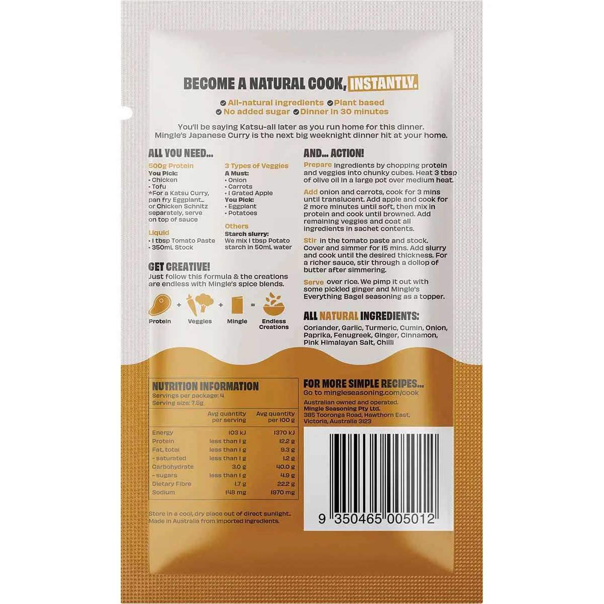 Mingle Japanese Curry 30g sachet showing all-natural ingredients like coriander, garlic, and turmeric.
