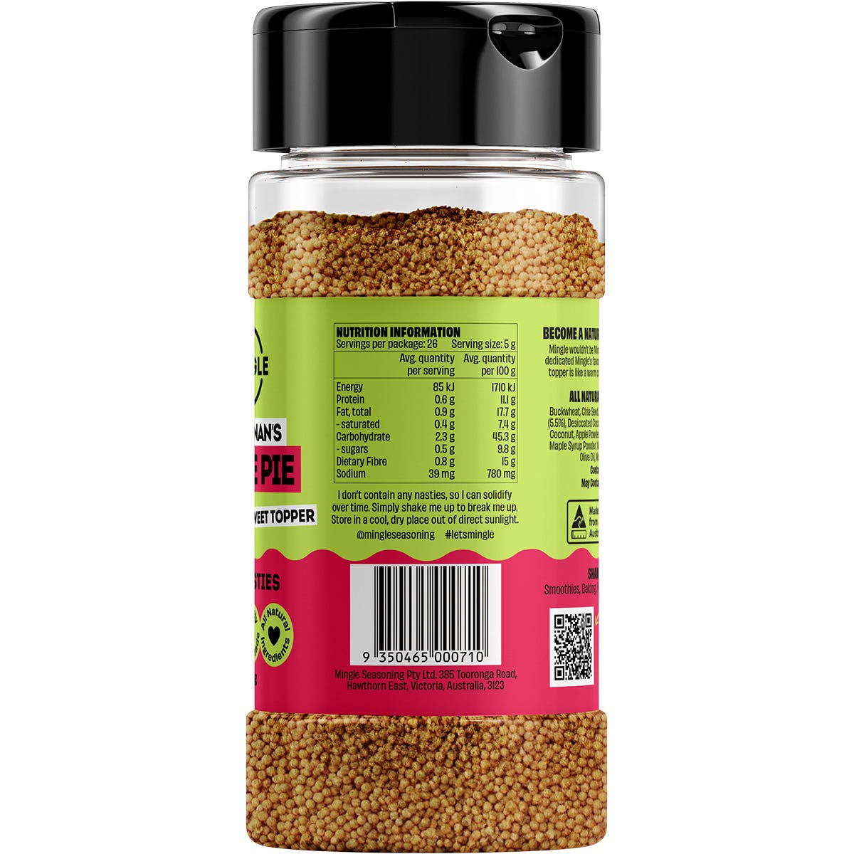 Side view of Mingle Jord's Nan's Apple Pie Topper 130g jar showing nutrition facts and ingredients.