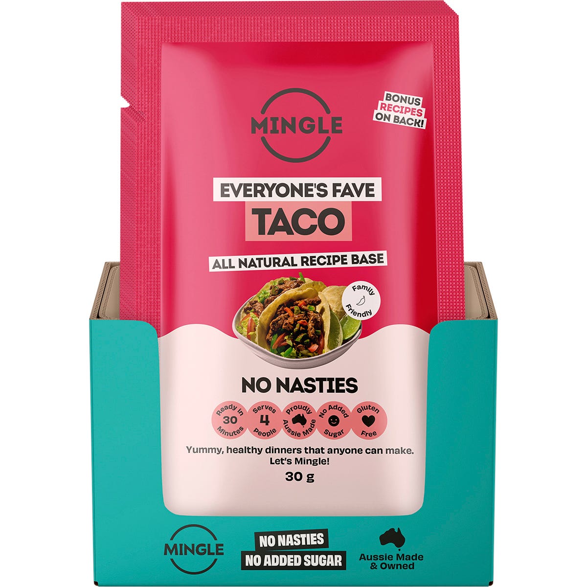 Mingle Mellow Taco 30g sachet showing ingredients like garlic, paprika, and cumin on a white background.