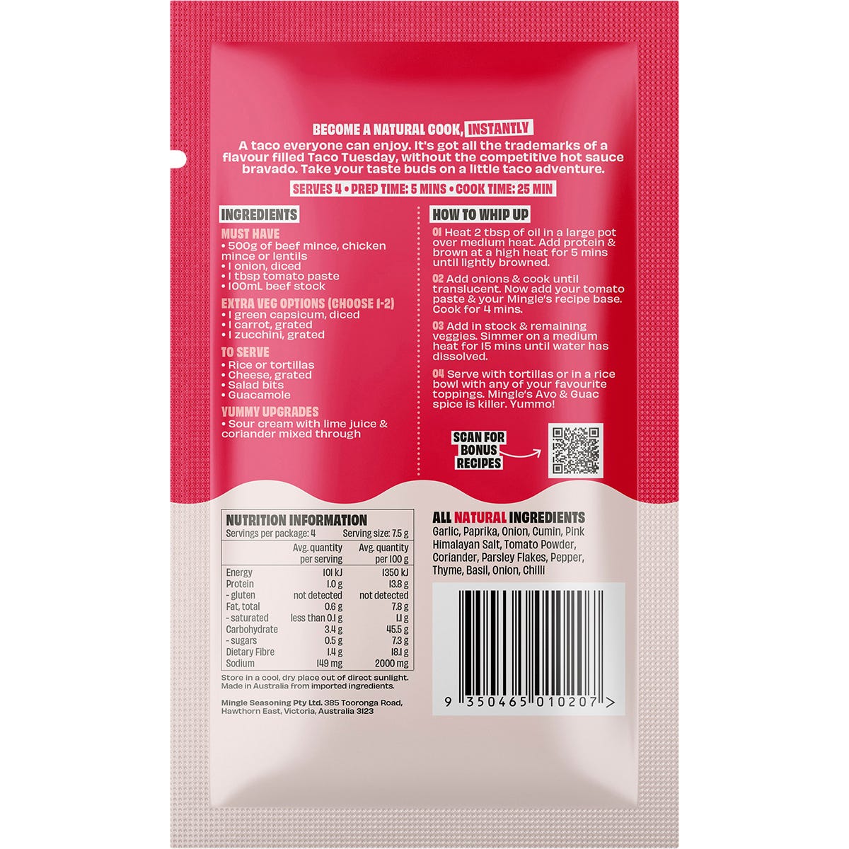 Mingle Mellow Taco All Natural Recipe Base 30g sachet with orange and yellow design on a white background.