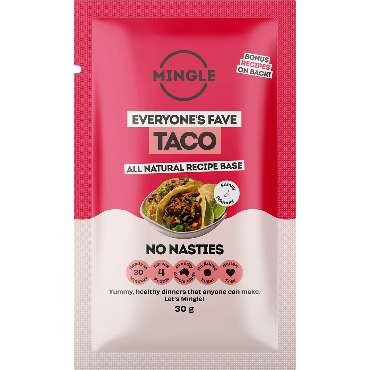 30g sachet of Mingle Mellow Taco All Natural Recipe Base seasoning.