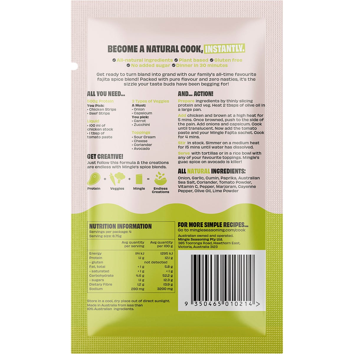 Mingle Mexican Fajita 35g sachet featuring a vibrant illustration of a sizzling fajita with fresh lime and peppers.