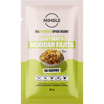 Mingle Mexican Fajita 12-pack recipe base box and sachet featuring Mexican spices and a sizzling fajita illustration.