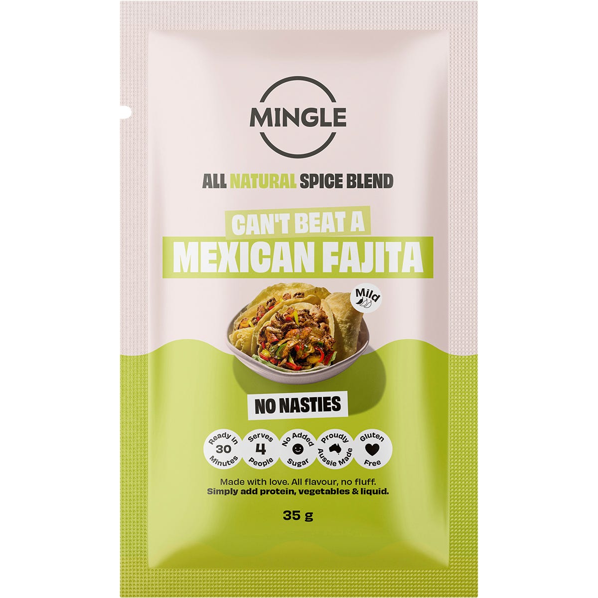 Mingle Mexican Fajita 12-pack recipe base box and sachet featuring Mexican spices and a sizzling fajita illustration.