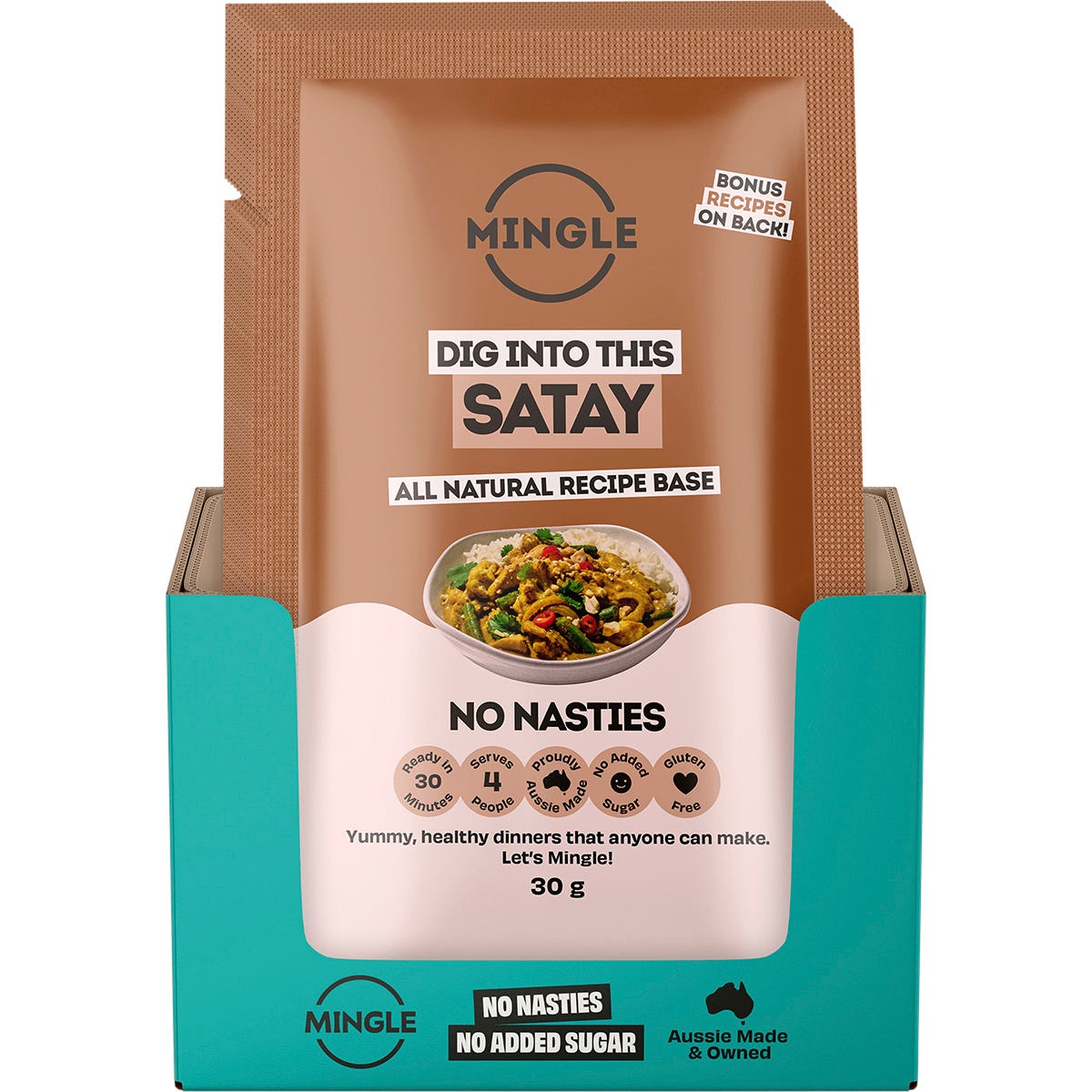 Side view of Mingle Satay Recipe Base 30g sachet showing product features and natural ingredients.