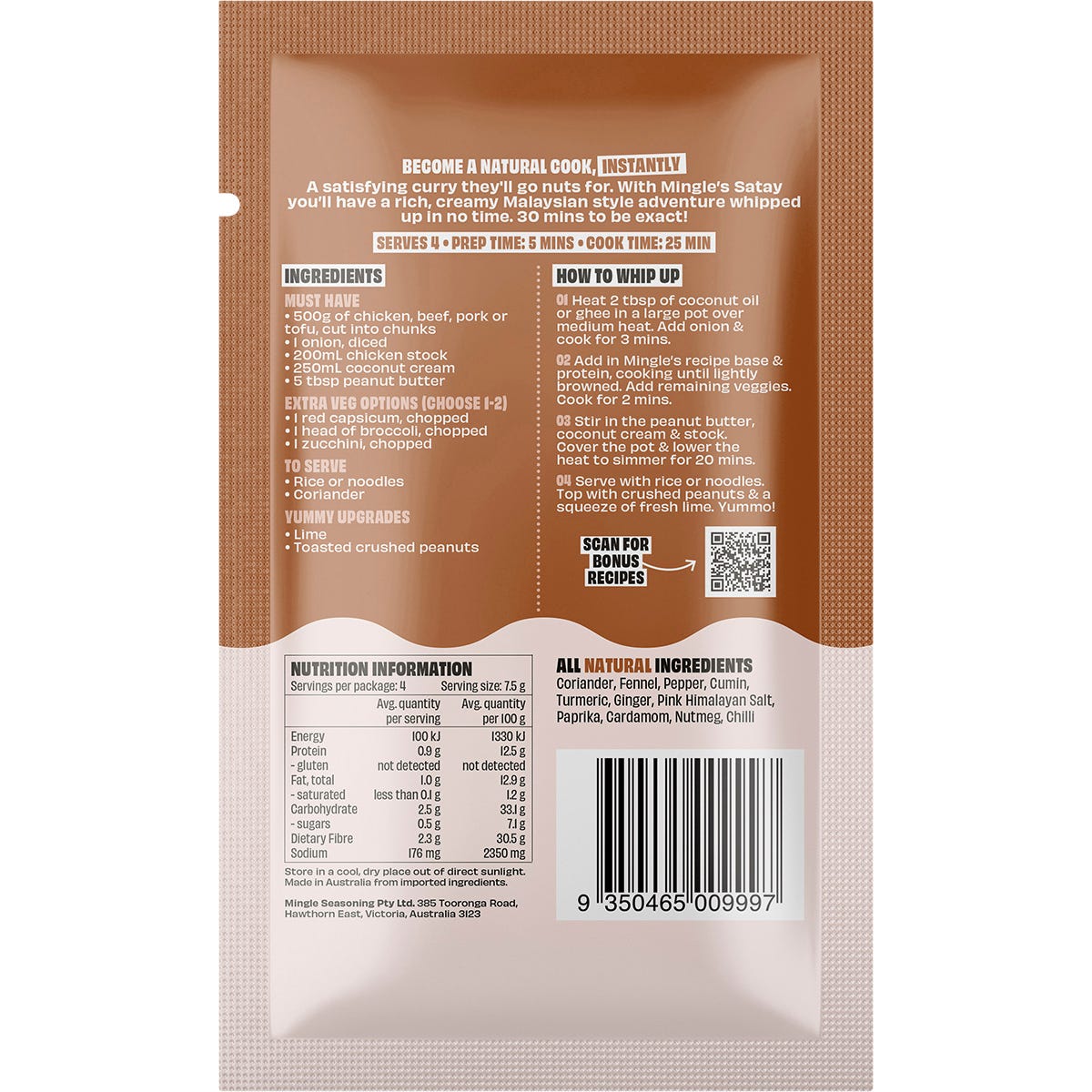 Mingle Satay Recipe Base 30g sachet 12-pack showing back of pack with ingredients and nutrition information.