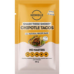 12-pack box of Mingle Smokey Chipotle Tacos All Natural Recipe Base featuring yellow 30g sachets and taco illustrations.