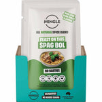 Back of Mingle Spag Bol 30g sachet showing nutrition facts, ingredients, and easy-to-follow cooking instructions.