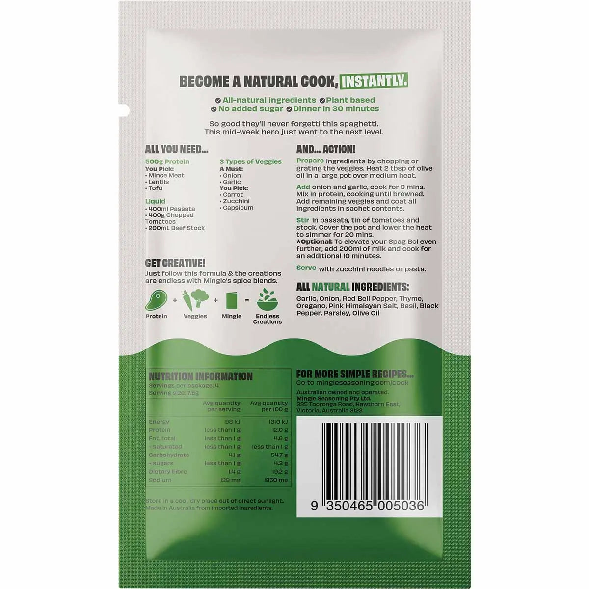 Mingle Spag Bol Speedy-Style 30g recipe base sachet with aromatic herbs for spaghetti bolognese on a white background.