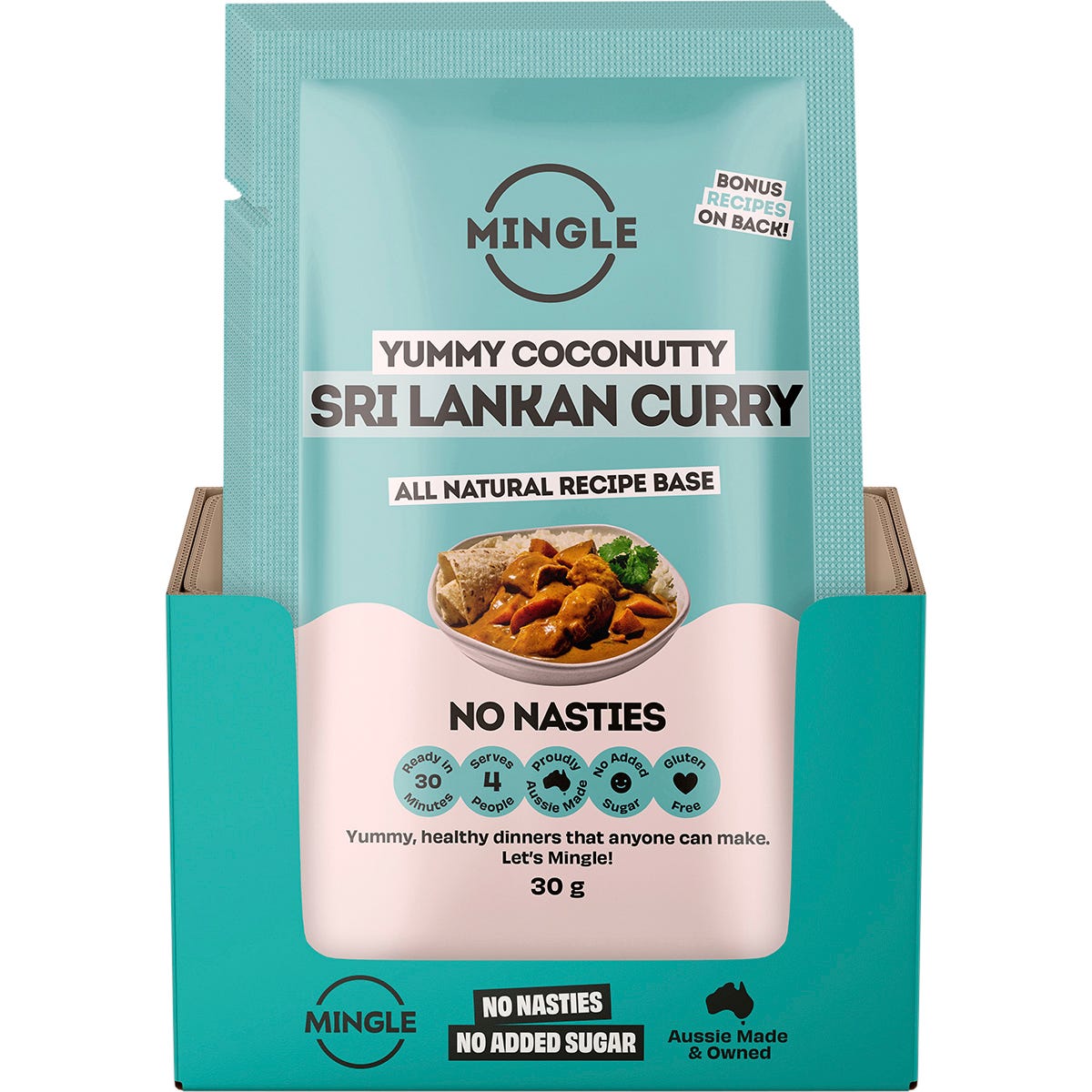 Back of Mingle Sri Lankan Curry 30g sachet showing nutrition facts, ingredients, and preparation instructions.