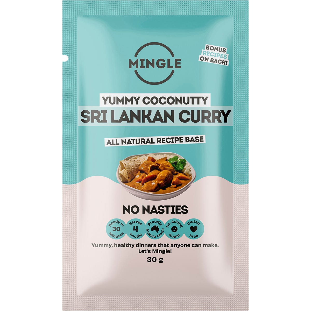 Mingle Sri Lankan Curry 30g sachet and a 12-pack box on a white background with botanical spice illustrations.