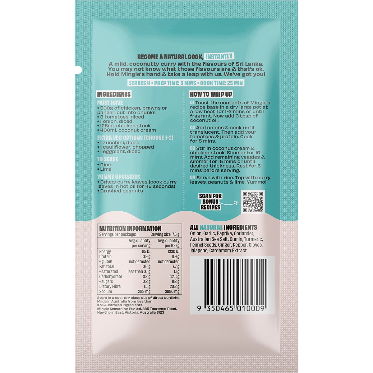 Mingle Sri Lankan Curry 30g sachet with botanical spice illustrations on a clean white background.