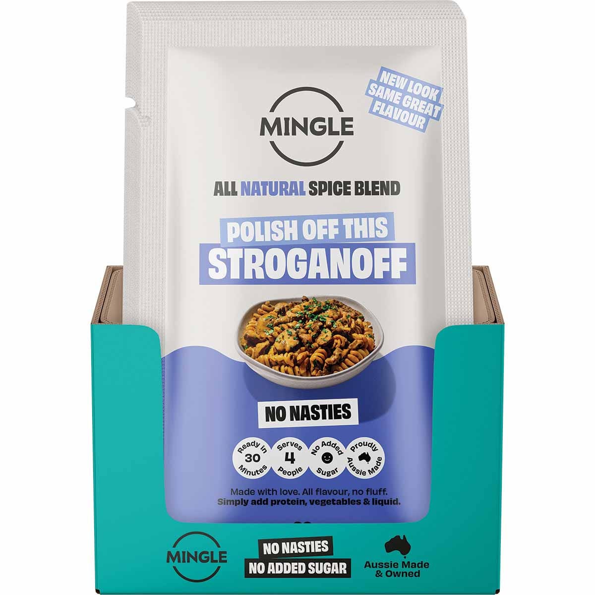 Back of Mingle Stroganoff 30g sachet with nutrition facts, ingredients, and cooking instructions.
