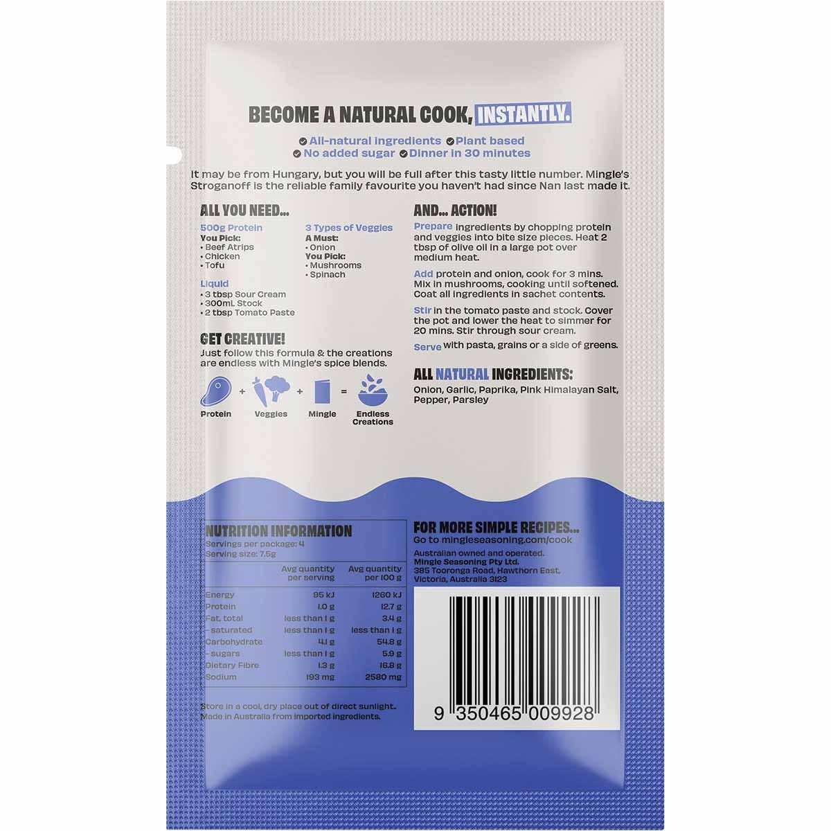 Mingle Stroganoff 30g sachet showing ingredients like onion, garlic, and paprika on a white background.