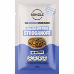 Mingle Stroganoff 30g sachet with a bowl of creamy mushroom beef stroganoff and fresh parsley.