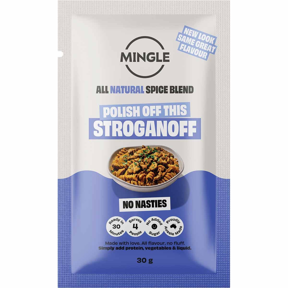 Mingle Stroganoff 30g sachet with a bowl of creamy mushroom beef stroganoff and fresh parsley.