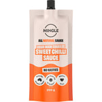 Ten 250g pouches of Mingle Sweet Chilli All Natural Sauce arranged in a box on a white background.