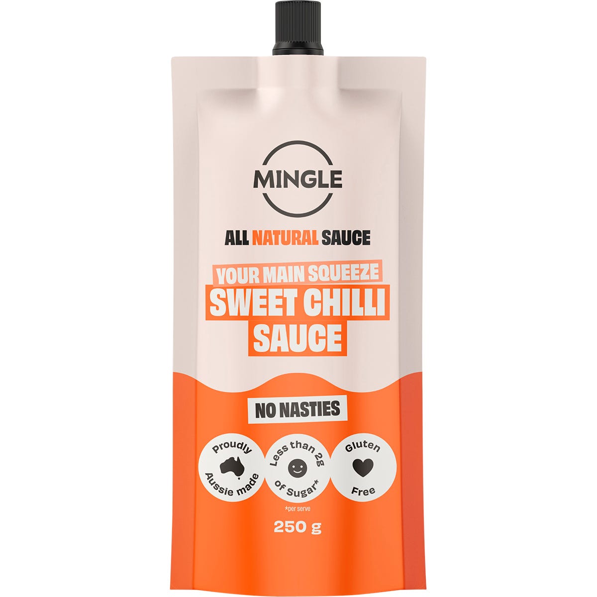 Ten 250g pouches of Mingle Sweet Chilli All Natural Sauce arranged in a box on a white background.
