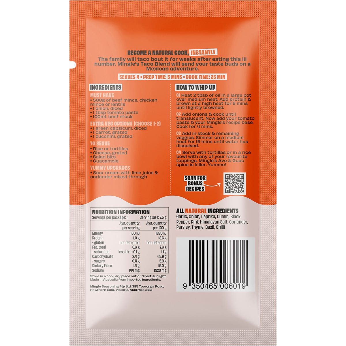 Mingle Tacos All Natural Recipe Base 30g seasoning sachet featuring a vibrant photo of prepared beef tacos.