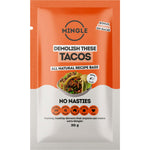 Mingle Tacos All Natural Recipe Base 30g seasoning packet featuring a photo of prepared tacos and fresh ingredients.